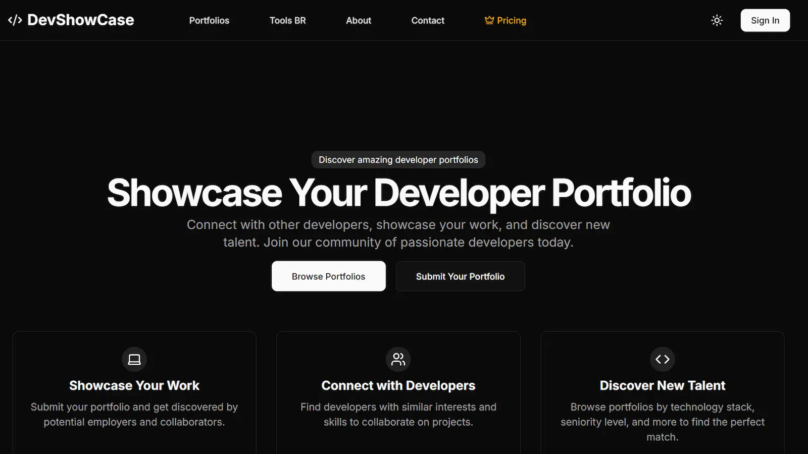 Print da landing do DevShowcase