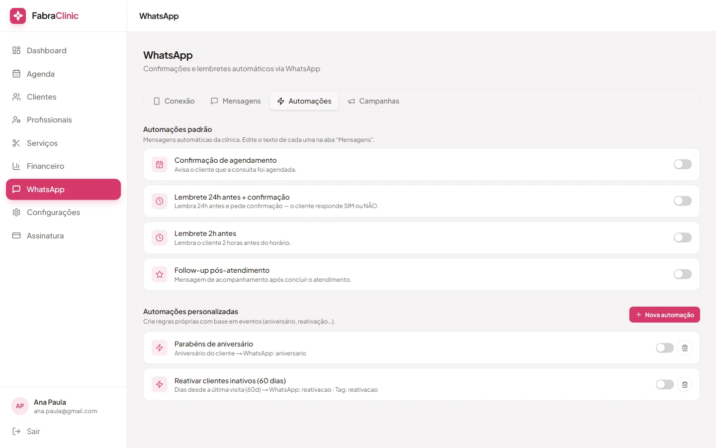 Automação de atendimento via WhatsApp no FabraClinic